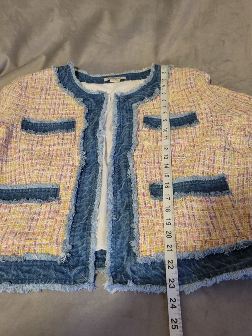 Nanette Lepore Pink Multi Sequin Denim Fringe Lined Open Blazer Women XL NWT - Picture 8 of 14